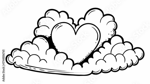 Illustration of a heart shape surrounded by fluffy clouds with a bold outline in black and white style
