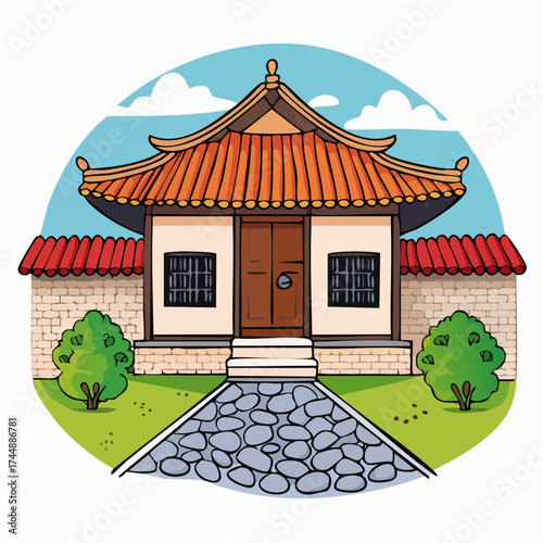 Traditional Korean house courtyard features stone pathways and tiled roofs