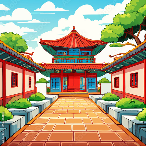 Traditional Korean house courtyard features stone pathways and tiled roofs