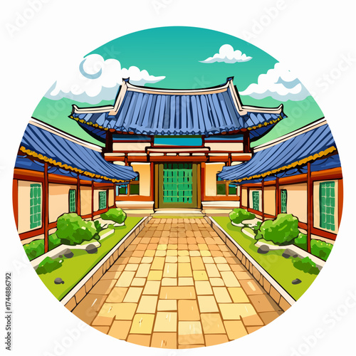 Traditional Korean house courtyard features stone pathways and tiled roofs