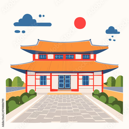 Traditional Korean house courtyard features stone pathways and tiled roofs