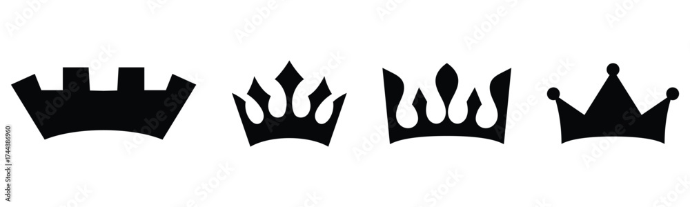 Obraz premium Black dark isolated king and queen vector crown icon set on white background. Set of vector crown icons. Royal luxury vintage crown icons. EPS 10. 