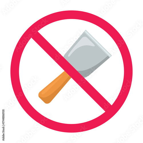 No scraper tool sign, forbidden sign with wall scraper paint stripper icon, putty knife scraper prohibited symbol, red crossed circle symbol, flat vector illustration
