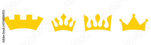 Glowing golden isolated king and queen vector crown icon set on white background. Set of vector crown icons. Royal luxury vintage crown icons.  Classic modern isolated crown icons set. EPS 10. 
