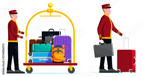 Bellboy man pushing luggage cart full of suitcases and carrying a briefcase with rolling bag for hotel service and travel concept.