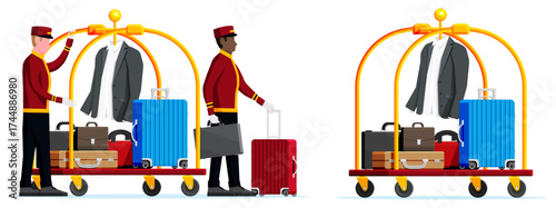 Two bellhop men assisting with luggage on a hotel cart. Concierge service at a luxury hotel. Professional hospitality staff for travel and accommodation concept.