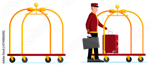 Hotel bellhop man pushing baggage cart with luggage. Travel service and hospitality concept. Resort staff for greeting card.