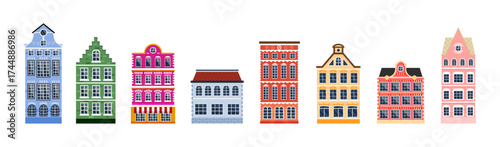 Set of diverse european city houses, old town architecture, traditional building facade illustration. Flat vector design for cityscape creation.