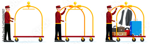 Male porter pushing an empty and loaded hotel luggage cart, showing the hotel service process for an arrival booking or travel concept.