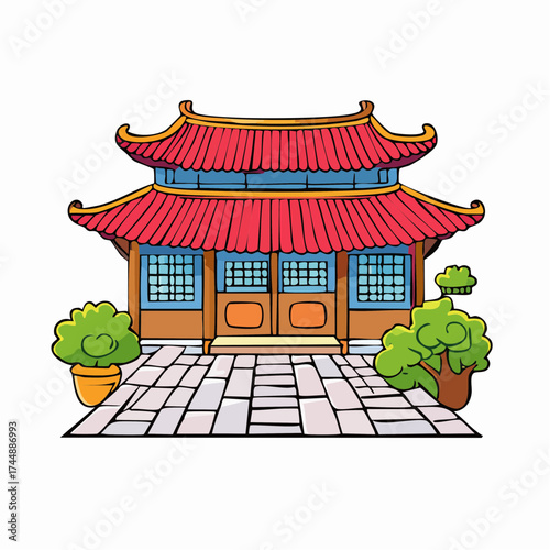 Traditional Korean house courtyard features stone pathways and tiled roofs