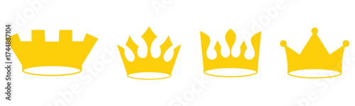 Glowing golden isolated king and queen vector crown icon set on white background. Set of vector crown icons. Royal luxury vintage crown icons.  Classic modern isolated crown icons set. EPS 10. 