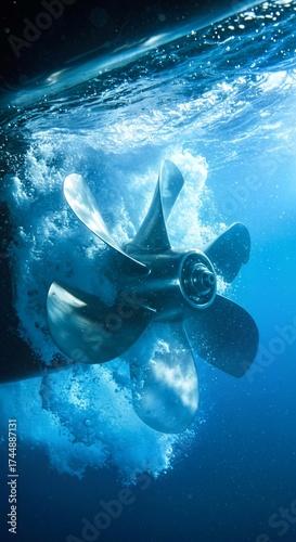 water jet engine, White propeller object with four blades floats in vibrant blue ocean water. Propeller sharp edges face viewer. Intricate details, surrounding water create serene immersive scene