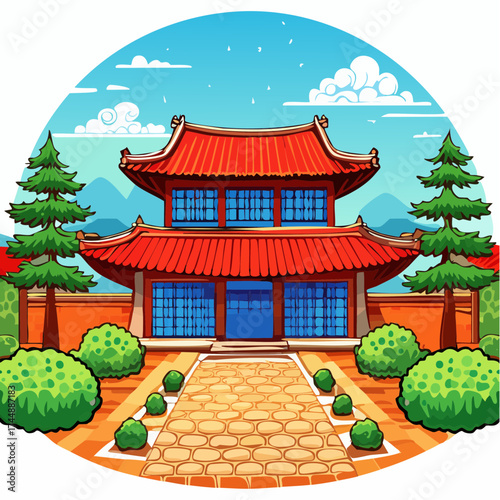 Traditional Korean house courtyard features stone pathways and tiled roofs