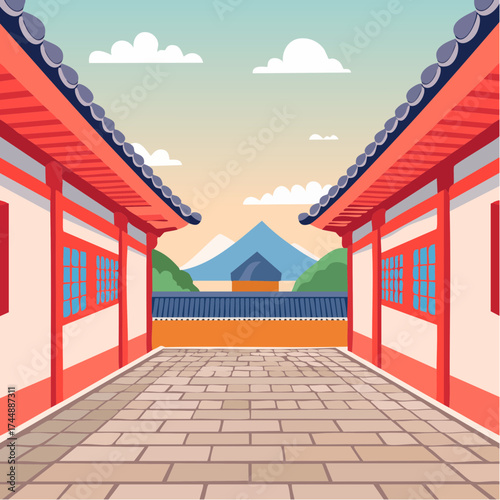 Traditional Korean house courtyard features stone pathways and tiled roofs