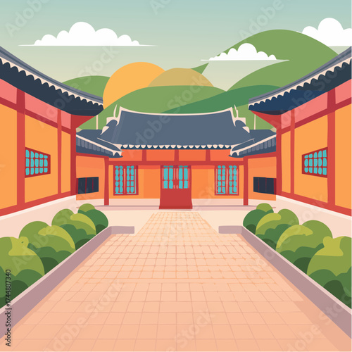Traditional Korean house courtyard features stone pathways and tiled roofs