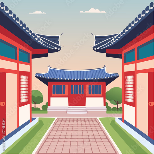 Traditional Korean house courtyard features stone pathways and tiled roofs