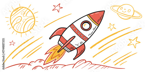 Illustration of a cartoon rocket ship launching into space with planets and stars around it