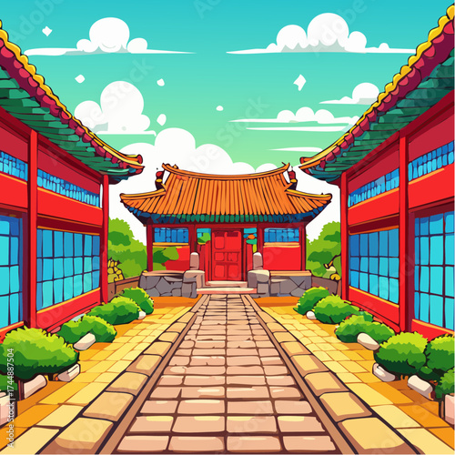 Traditional Korean house courtyard features stone pathways and tiled roofs