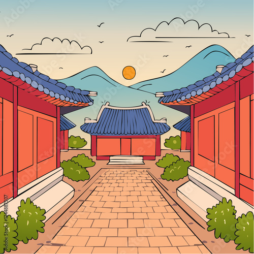 Traditional Korean house courtyard features stone pathways and tiled roofs