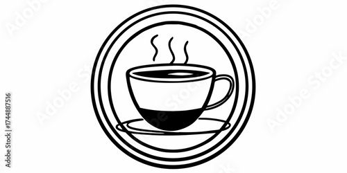 Illustration of a steaming coffee cup on a saucer inside a triple lined circle in black and white style