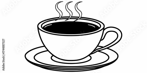 A steaming cup of coffee with visible steam waves sitting on a saucer in a black and white outline