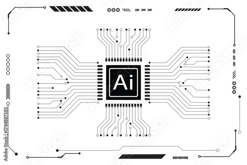 Abstract futuristic circuit board illustration. Circuit board with "GENERATIVE AI". Circuit board pattern for technology background. Vector illustration on white background.