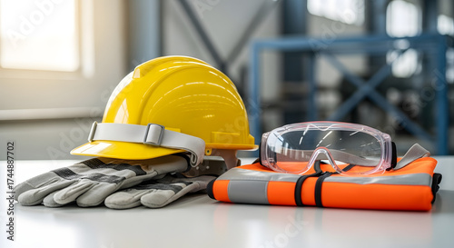 Safety First: A collection of essential safety equipment including a yellow hard hat, protective glasses, gloves and reflective vest resting on the flat surface.