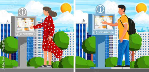Woman and man using interactive information kiosk in city. Street digital terminal system for public service. City map self-service display.