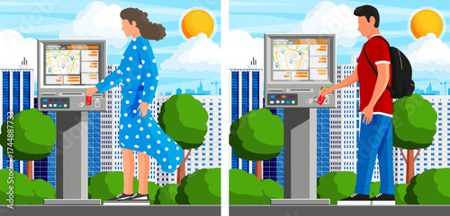 Woman and man using self service terminal for city navigation and outdoor payment. Street kiosk with map on screen in flat style.