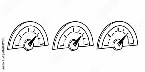Three identical black and white gauges with needles pointing at different levels in a simple line drawing