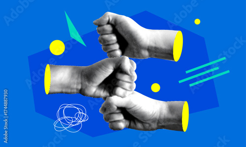 Teamwork concept. Fist bump. Employee meeting for motivation.  Team building. Modern collage. Support, solidarity, motivation concepts. Halftone fists in stack. Team collaboration
