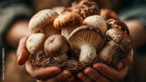 Harvesting fresh mushrooms in a cozy forest setting during a serene autumn afternoon