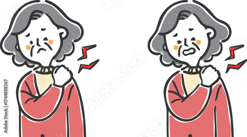 肩こりに悩むシニア女性　上半身　ベクター
