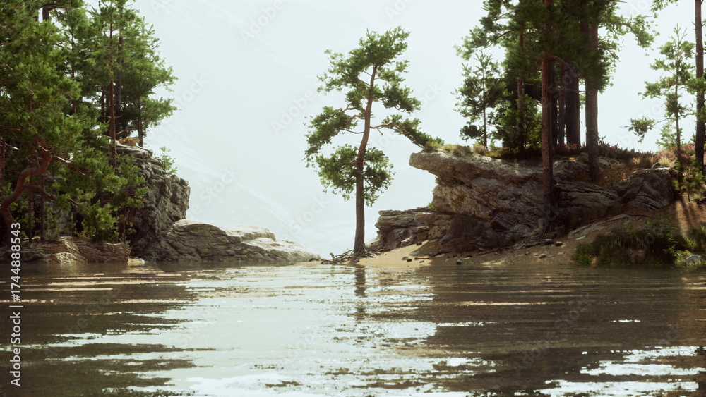 Fototapeta premium Calm waters mirror lush greenery as trees stand tall near rocky shores. This peaceful location invites relaxation and admiration of natures simple elegance during daylight.
