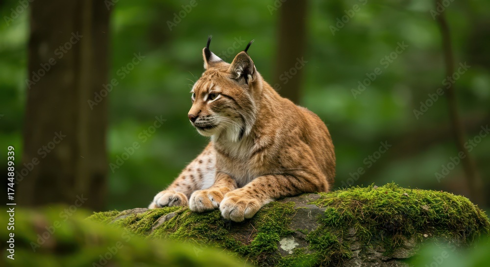 Fototapeta premium Captivating Close Up Eurasian Lynx Resting on Mossy Rock in Forest