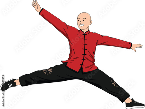 Martial artist jumping, red top black pants, dynamic pose, traditional outfit, cad drawing flat vector illustration, strength and agility