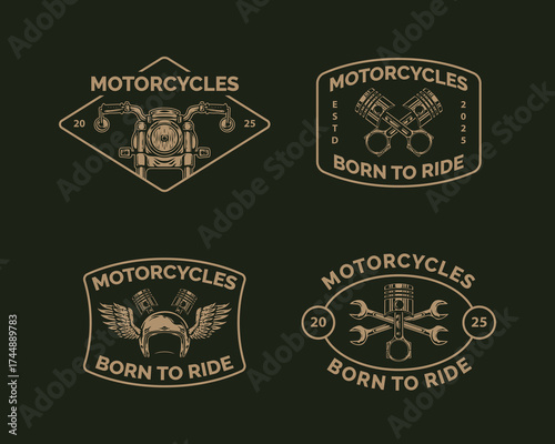 Motorcycle logo badge design template with the text editable for clothing, sport and apparel