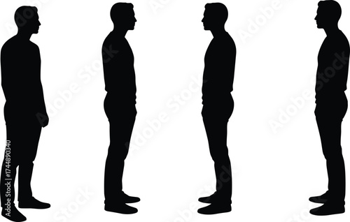 Silhouette people facing each other, standing upright pose, social symmetry concept, cad drawing flat vector illustration, posture and interaction study
