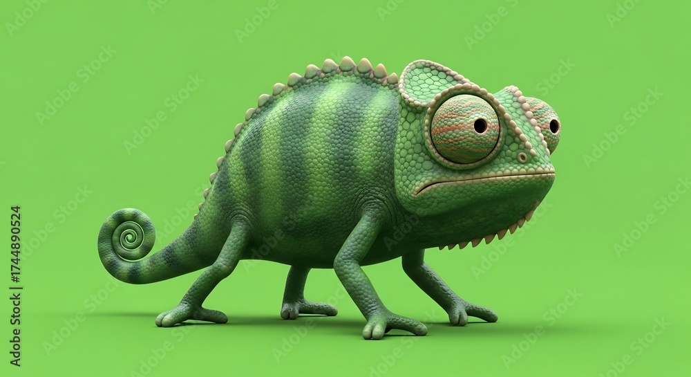 Obraz premium Cartoon chameleon on green. Perfect for children's books, educational material, or greeting cards. Features funny design, vibrant color, and whimsical style.