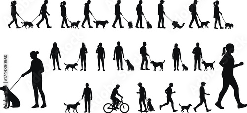 Silhouettes of people walking dogs, outdoor activity poses, jogging and biking motion, cad drawing flat vector illustration, daily routine concept
