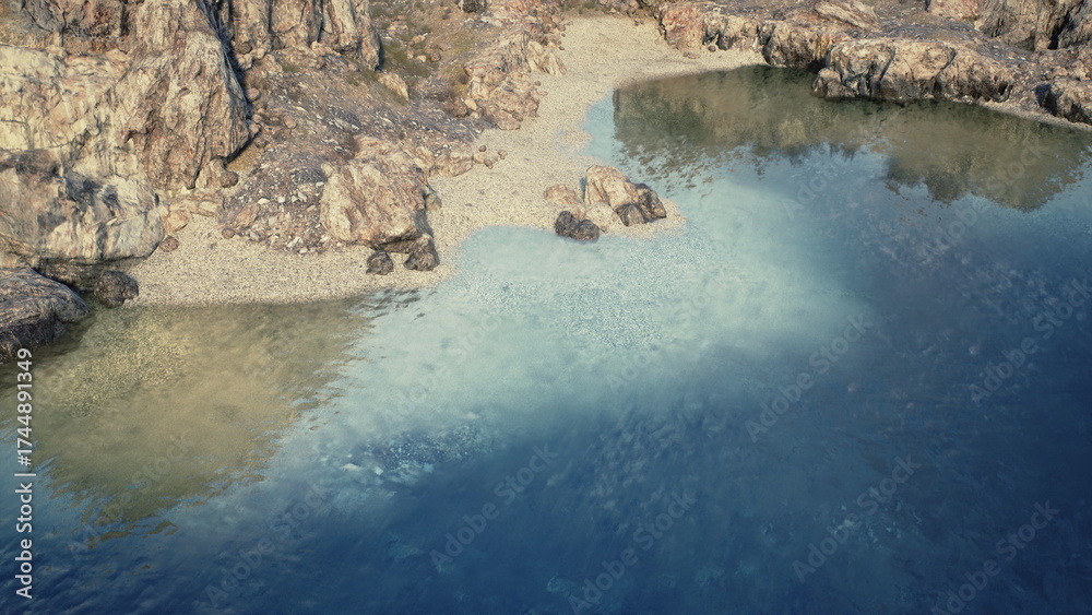 Obraz premium Gentle waves lap against a beautiful sandy beach lined with rugged rocks, reflecting the warm colors of the sunset and creating a peaceful atmosphere by the waters edge.