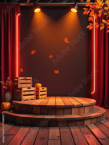 autumn podium featuring wooden crates neon outline style wooden stage