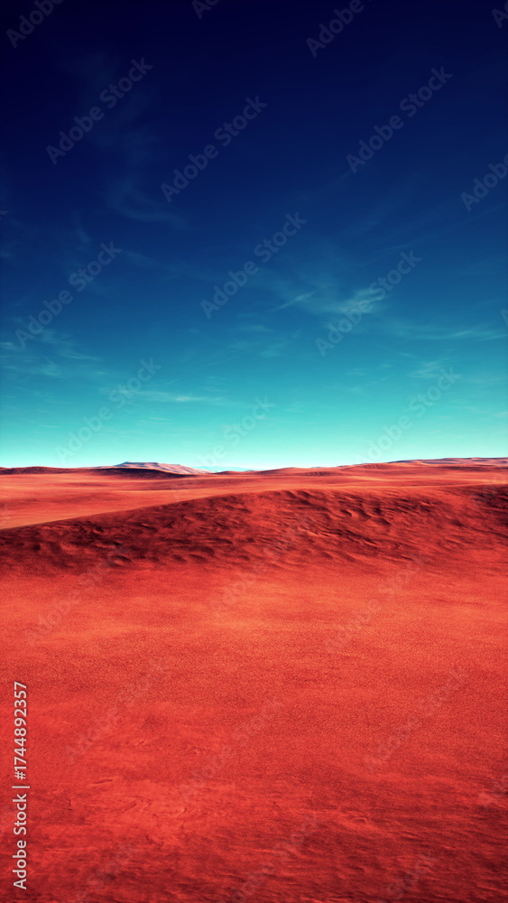 Naklejka premium Expansive red desert stretches out, meeting a clear blue sky. Distant mountains rise gently, creating a serene and captivating natural scene. The colors blend harmoniously, evoking peacefulness.