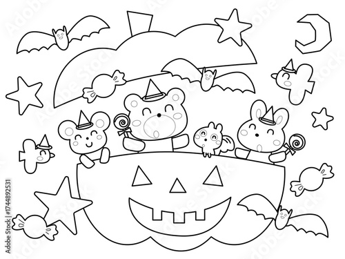 ハロウィンを楽しむ動物たちの塗り絵