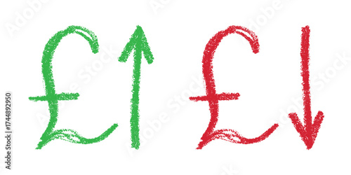 Hand drawn british pound currency symbol Growth and fall profit with arrow up and down Brush stroke doodle Element for design