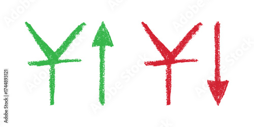 Hand drawn chinese yuan currency symbol Growth and fall profit with arrow up and down Brush stroke doodle Element for design