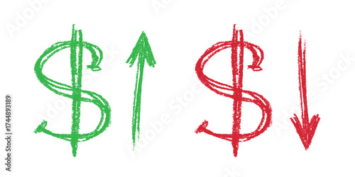 Hand drawn dollar currency symbol Growth and fall profit with arrow up and down Brush stroke doodle Element for design