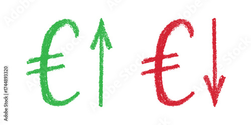 Hand drawn euro currency symbol Growth and fall profit with arrow up and down Brush stroke doodle Element for design