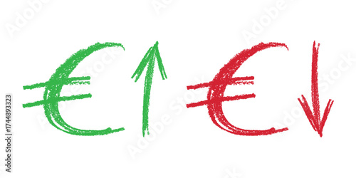 Hand drawn euro currency symbol Growth and fall profit with arrow up and down Brush stroke doodle Element for design