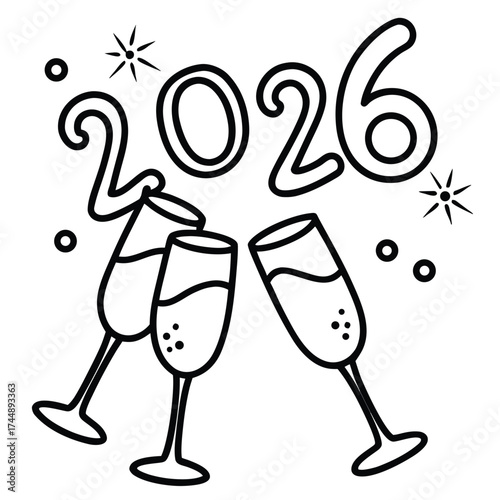 Champagne glasses clinking with “2026” outline in the bubbles